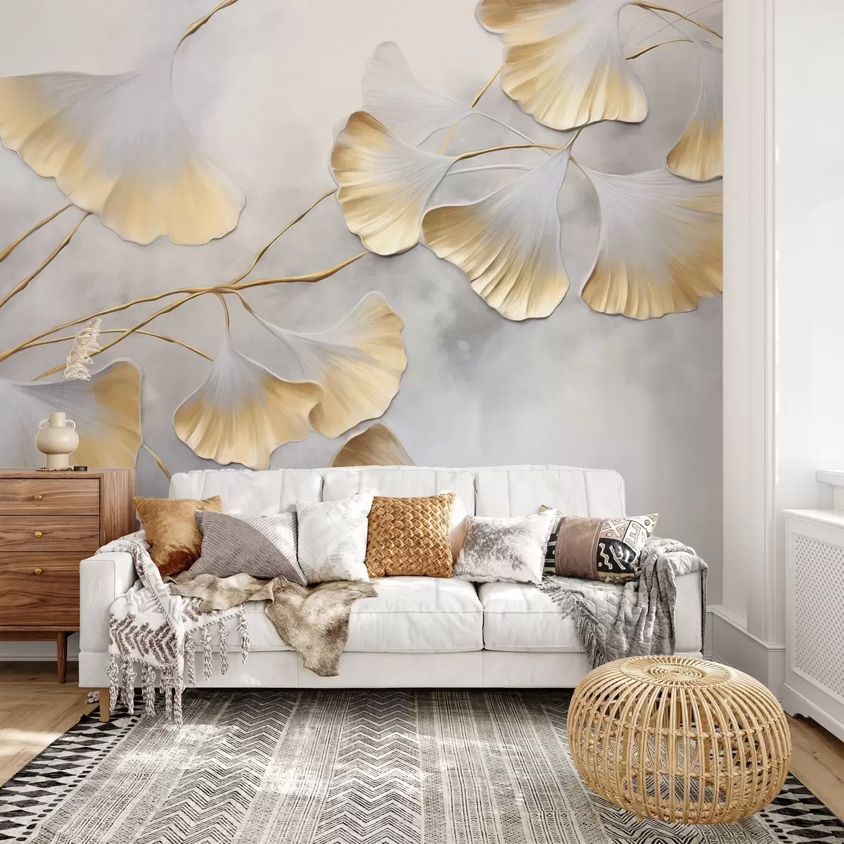 Murales de pared Hojas de ginkgo biloba con bordes amarillos en una rama, fondo gris texturizado, diseño elegante y minimalista w09472 murales de pared Hojas de ginkgo biloba con bordes amarillos en una rama, fondo gris texturizado, diseño elegante y minimalista w09472