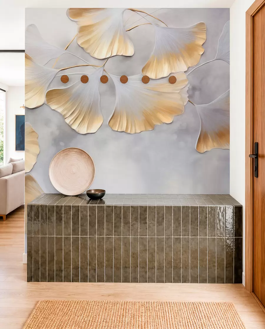 murales de pared Hojas de ginkgo biloba con bordes amarillos en una rama, fondo gris texturizado, diseño elegante y minimalista w09472
