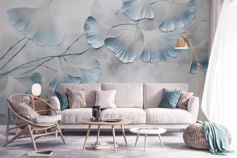 Murales de pared Hojas de ginkgo biloba con bordes azules en una rama, fondo gris texturizado, diseño elegante y minimalista w09472v1 murales de pared Hojas de ginkgo biloba con bordes azules en una rama, fondo gris texturizado, diseño elegante y minimalista w09472v1