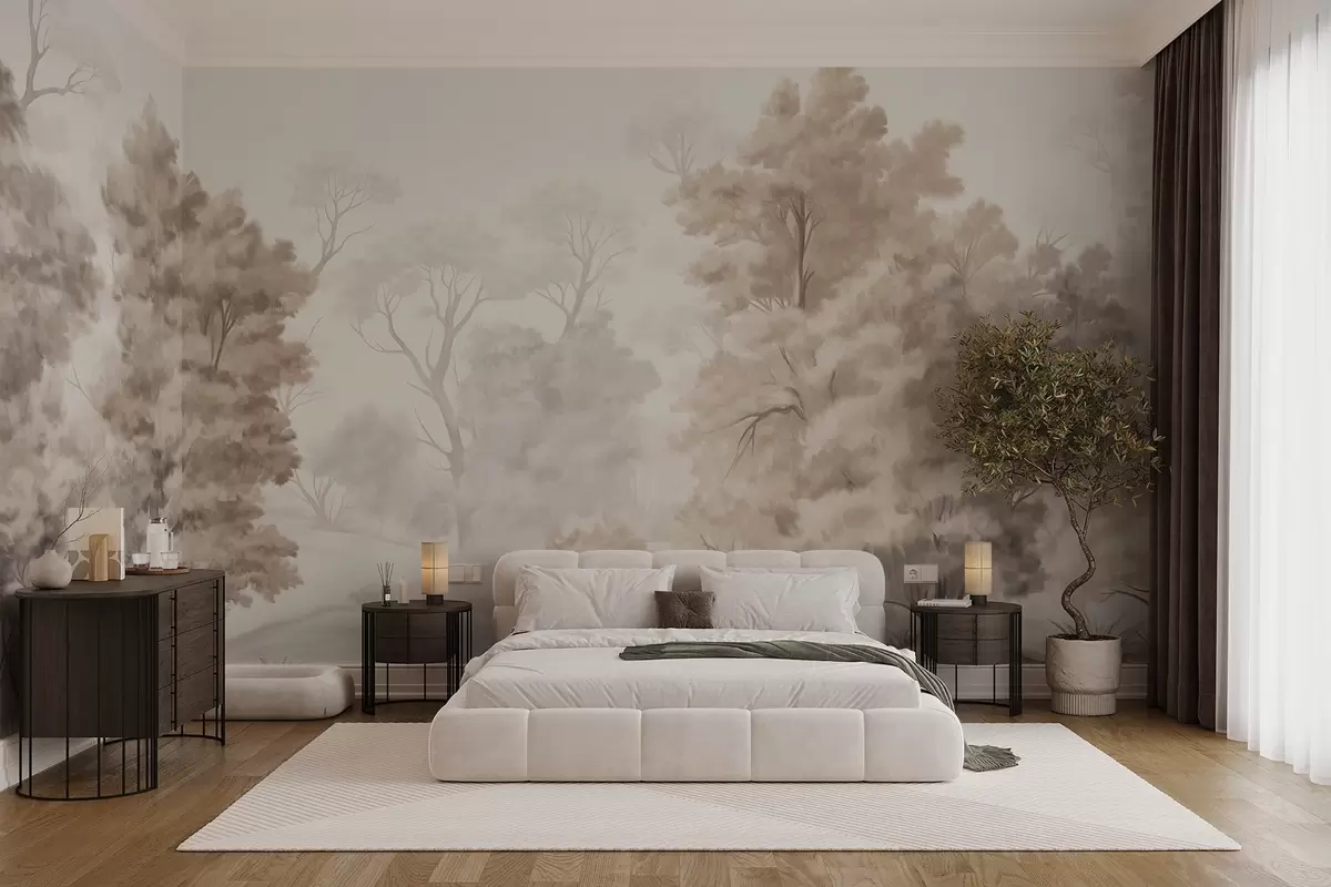 murales de pared Pintura paisajística texturizada que imita un bosque con árboles altos y hierba, colores apagados y suaves, escena relajante w09474