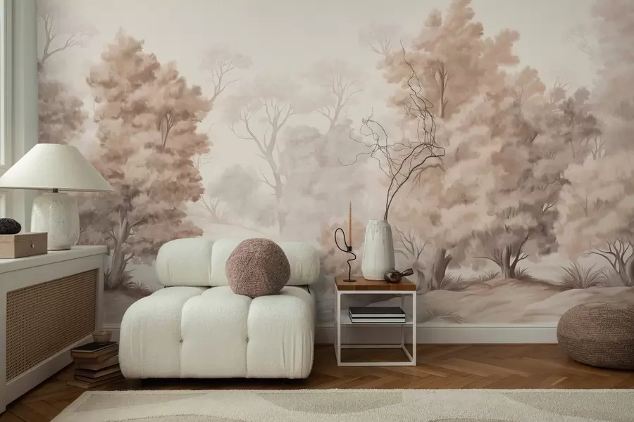 Murales de pared Pintura paisajística texturizada que imita un bosque con árboles altos y hierba, colores apagados y suaves, escena relajante w09474 murales de pared Pintura paisajística texturizada que imita un bosque con árboles altos y hierba, colores apagados y suaves, escena relajante w09474