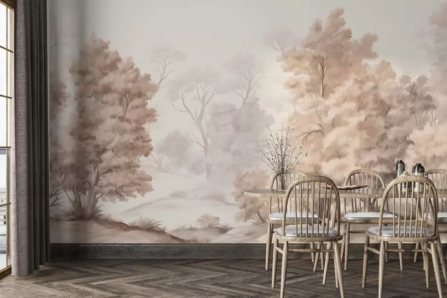 Murales de pared Pintura paisajística texturizada que imita un bosque con árboles altos y hierba, colores apagados y suaves, escena relajante w09474 murales de pared Pintura paisajística texturizada que imita un bosque con árboles altos y hierba, colores apagados y suaves, escena relajante w09474