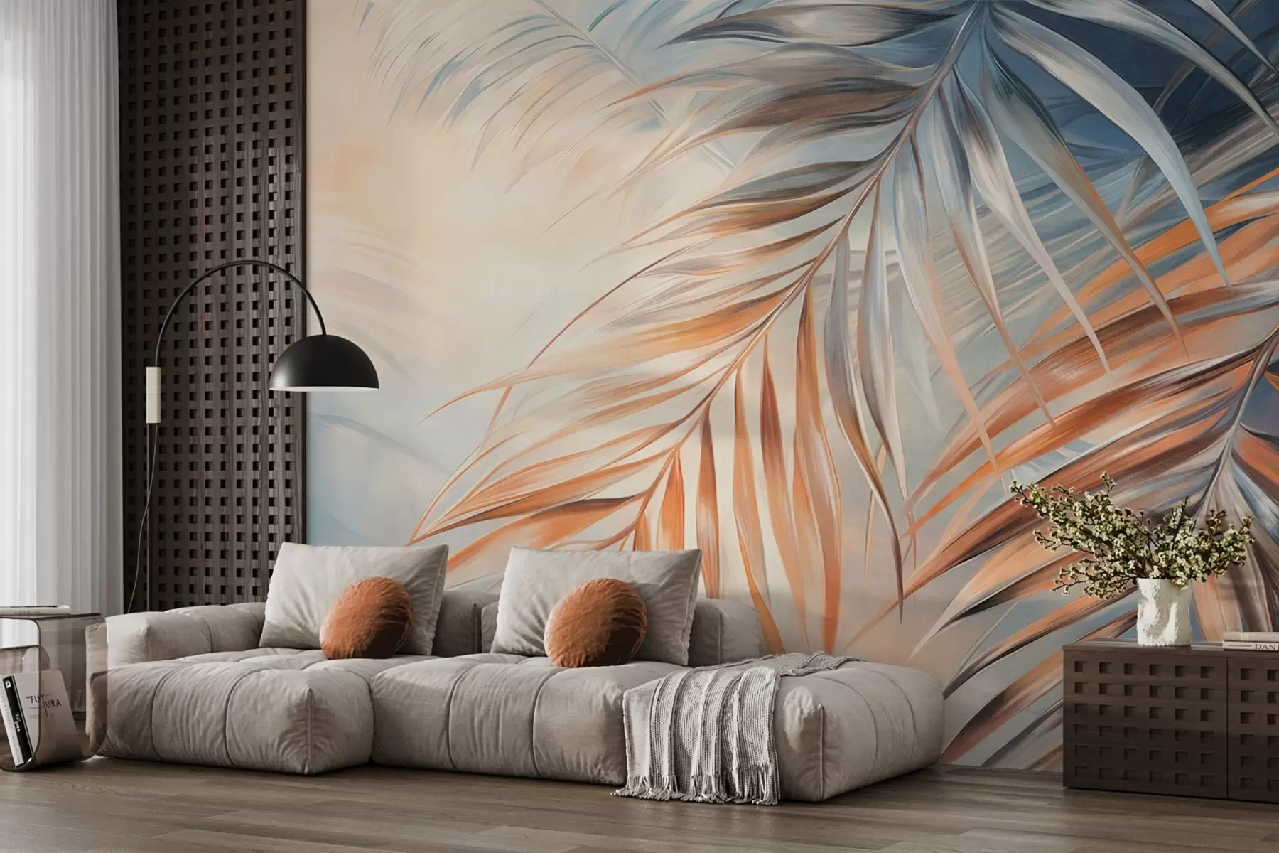 Murales de pared Hojas de palmera con tonos naranjas y azules, fondo con textura ligera y colores suaves, elegante estilo tropical w09475 murales de pared Hojas de palmera con tonos naranjas y azules, fondo con textura ligera y colores suaves, elegante estilo tropical w09475