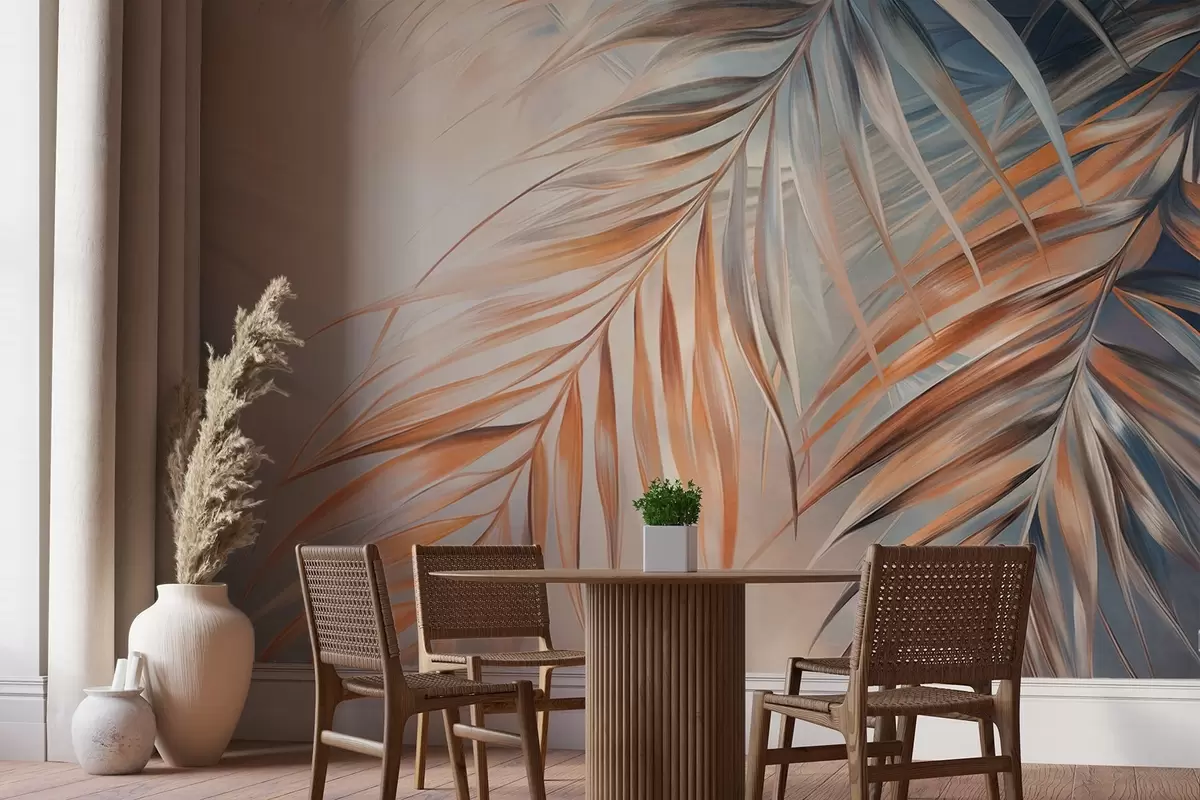 Murales de pared Hojas de palmera con tonos naranjas y azules, fondo con textura ligera y colores suaves, elegante estilo tropical w09475 murales de pared Hojas de palmera con tonos naranjas y azules, fondo con textura ligera y colores suaves, elegante estilo tropical w09475