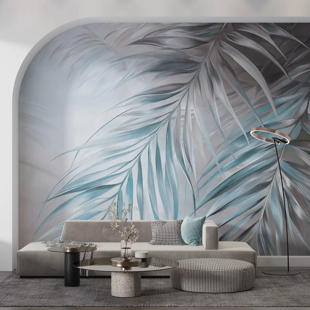 Murales de pared Hojas de palmera con tonos grises y azules, fondo con textura ligera y colores suaves, elegante estilo tropical w09475v1 murales de pared Hojas de palmera con tonos grises y azules, fondo con textura ligera y colores suaves, elegante estilo tropical w09475v1