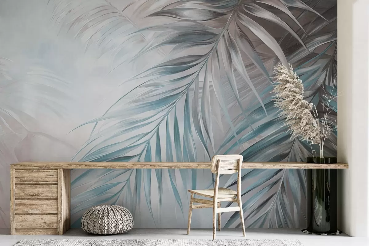 murales de pared Hojas de palmera con tonos grises y azules, fondo con textura ligera y colores suaves, elegante estilo tropical w09475v1