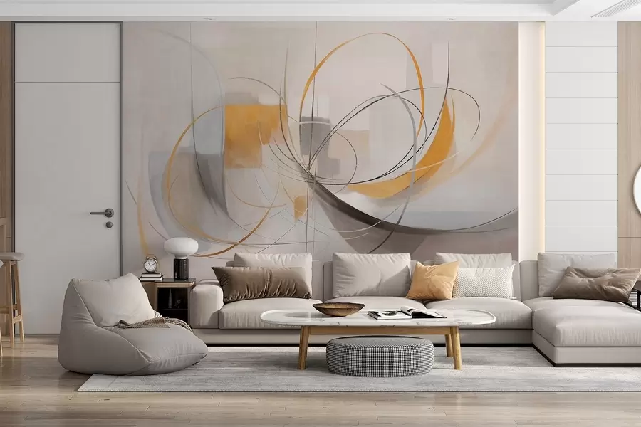 Murales de pared Estilo pictórico moderno abstracto con texturas, líneas curvas y formas geométricas en tonos grises, blancos y naranjas w09476 murales de pared Estilo pictórico moderno abstracto con texturas, líneas curvas y formas geométricas en tonos grises, blancos y naranjas w09476