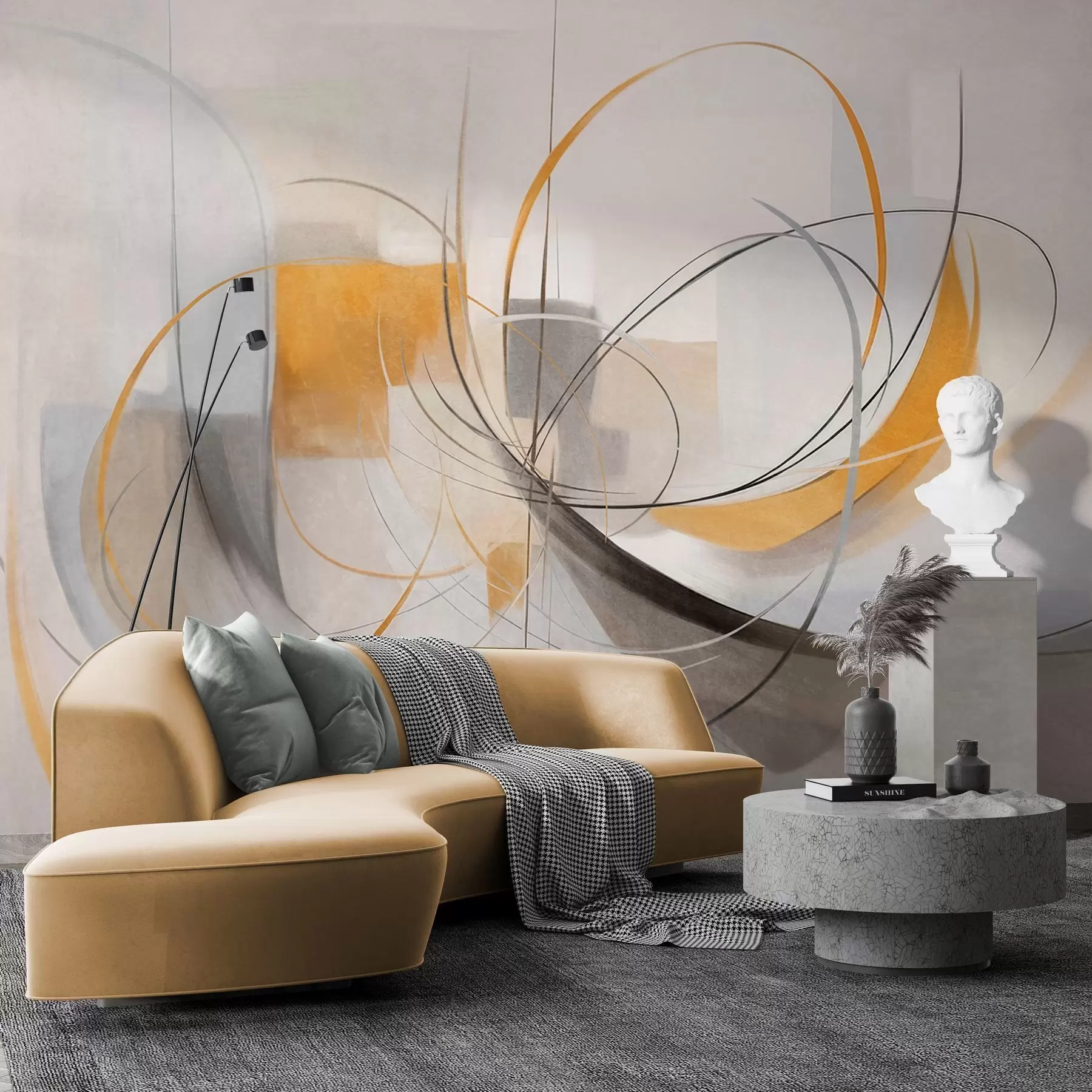 murales de pared Estilo pictórico moderno abstracto con texturas, líneas curvas y formas geométricas en tonos grises, blancos y naranjas w09476