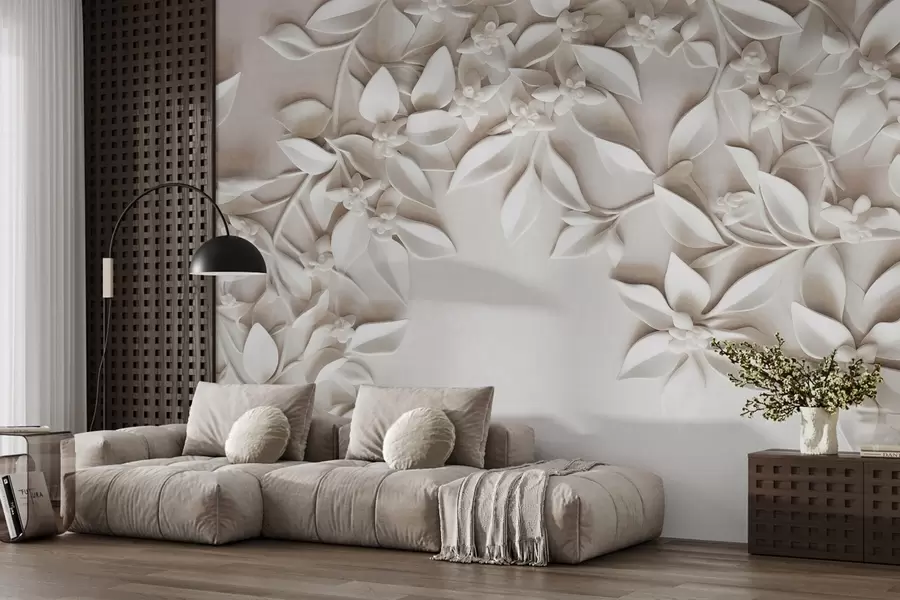 Murales de pared Flores y hojas blancas con textura, arreglo floral, diseño elegante, estilo minimalista, arte decorativo w09479 murales de pared Flores y hojas blancas con textura, arreglo floral, diseño elegante, estilo minimalista, arte decorativo w09479