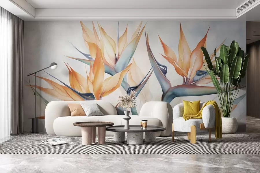 Murales de pared Flor del ave del paraíso, strelitzia con pétalos naranjas, estilo texturizado en acuarela suave, fondo claro w09483 murales de pared Flor del ave del paraíso, strelitzia con pétalos naranjas, estilo texturizado en acuarela suave, fondo claro w09483