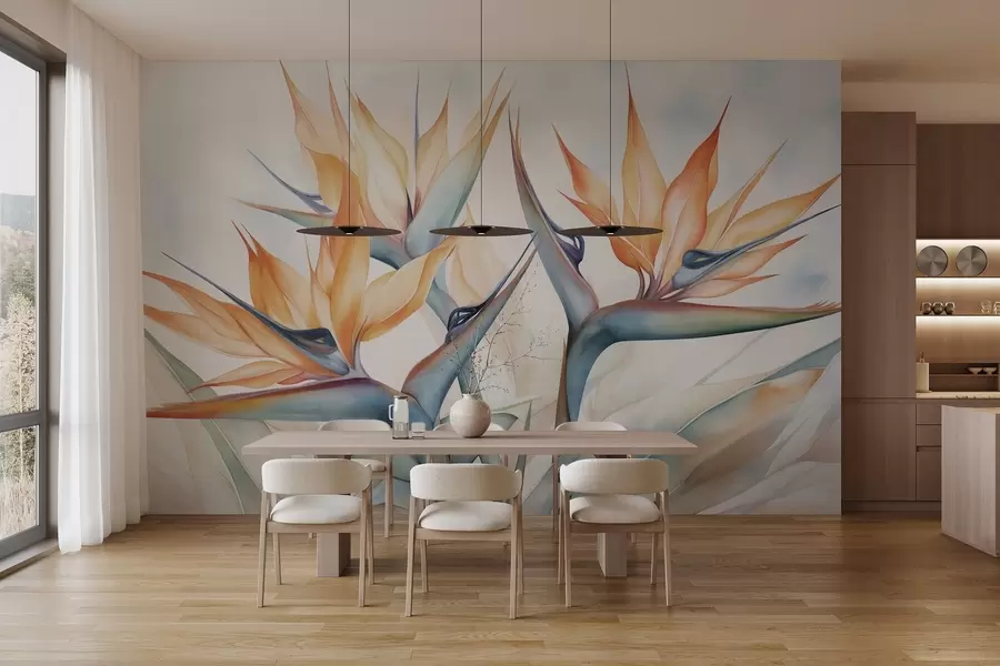 Murales de pared Flor del ave del paraíso, strelitzia con pétalos naranjas, estilo texturizado en acuarela suave, fondo claro w09483 murales de pared Flor del ave del paraíso, strelitzia con pétalos naranjas, estilo texturizado en acuarela suave, fondo claro w09483