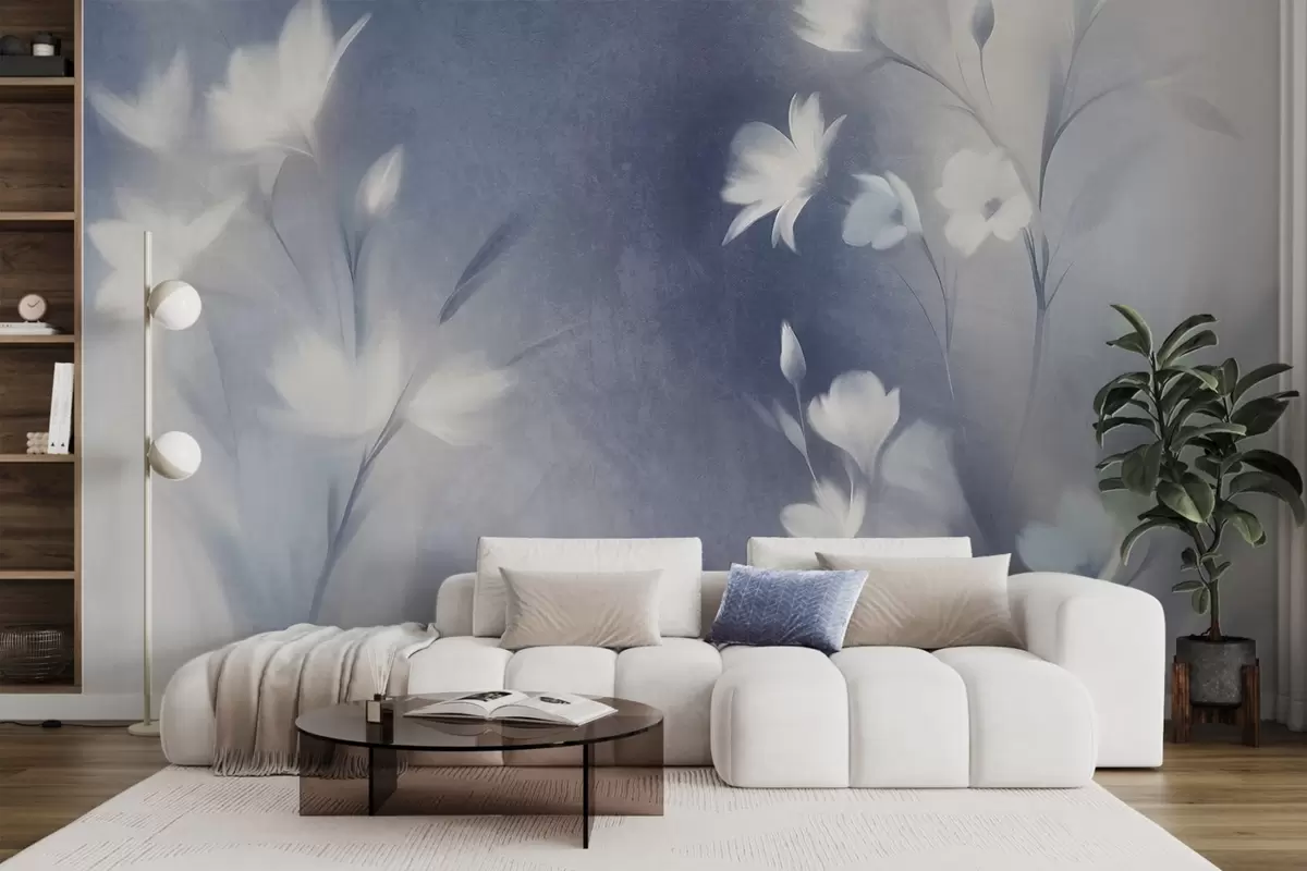 Murales de pared Flores blancas con textura y tallos largos, capullos suaves sobre un fondo difuminado de tonos azules y blancos w09484 murales de pared Flores blancas con textura y tallos largos, capullos suaves sobre un fondo difuminado de tonos azules y blancos w09484
