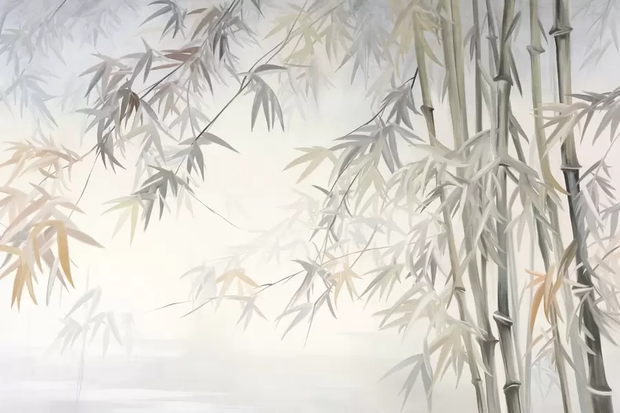 murales de pared Tallos y hojas de bambú texturizados en una paleta de colores suaves y apagados de gris, blanco y crema, composición minimalista w09485