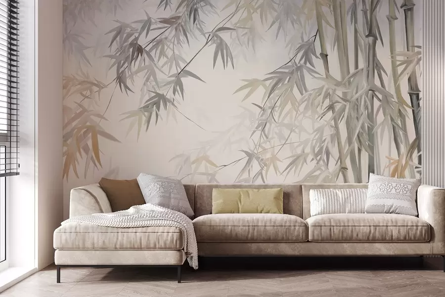 Murales de pared Tallos y hojas de bambú texturizados en una paleta de colores suaves y apagados de gris, blanco y crema, composición minimalista. w09485 murales de pared Tallos y hojas de bambú texturizados en una paleta de colores suaves y apagados de gris, blanco y crema, composición minimalista. w09485
