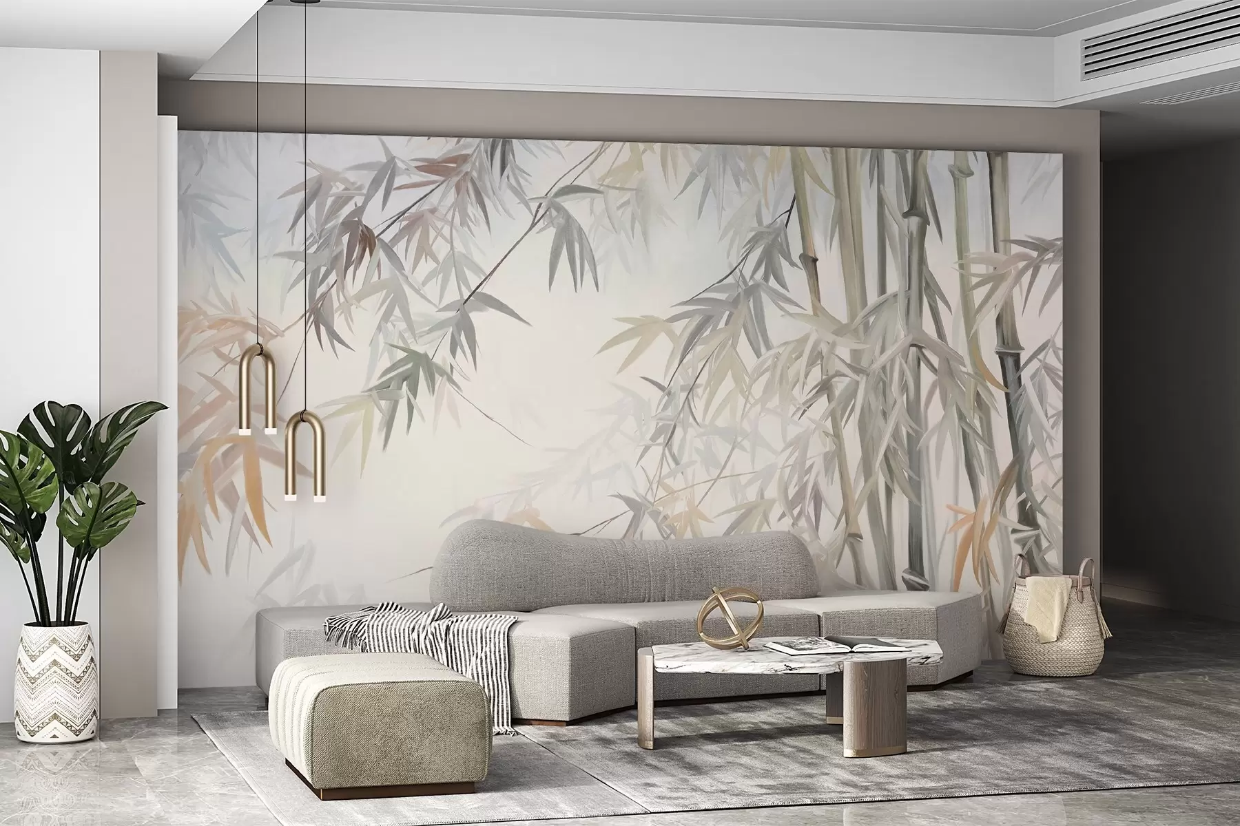 murales de pared Tallos y hojas de bambú texturizados en una paleta de colores suaves y apagados de gris, blanco y crema, composición minimalista. w09485