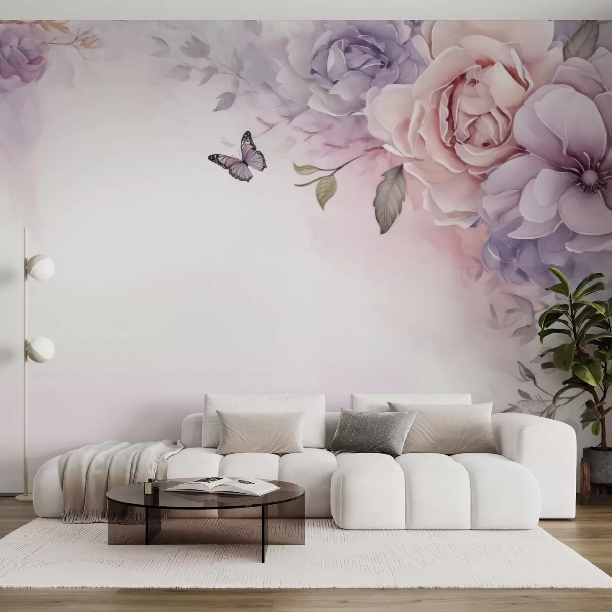 murales de pared Delicadas flores rosas y lilas con una mariposa w04711