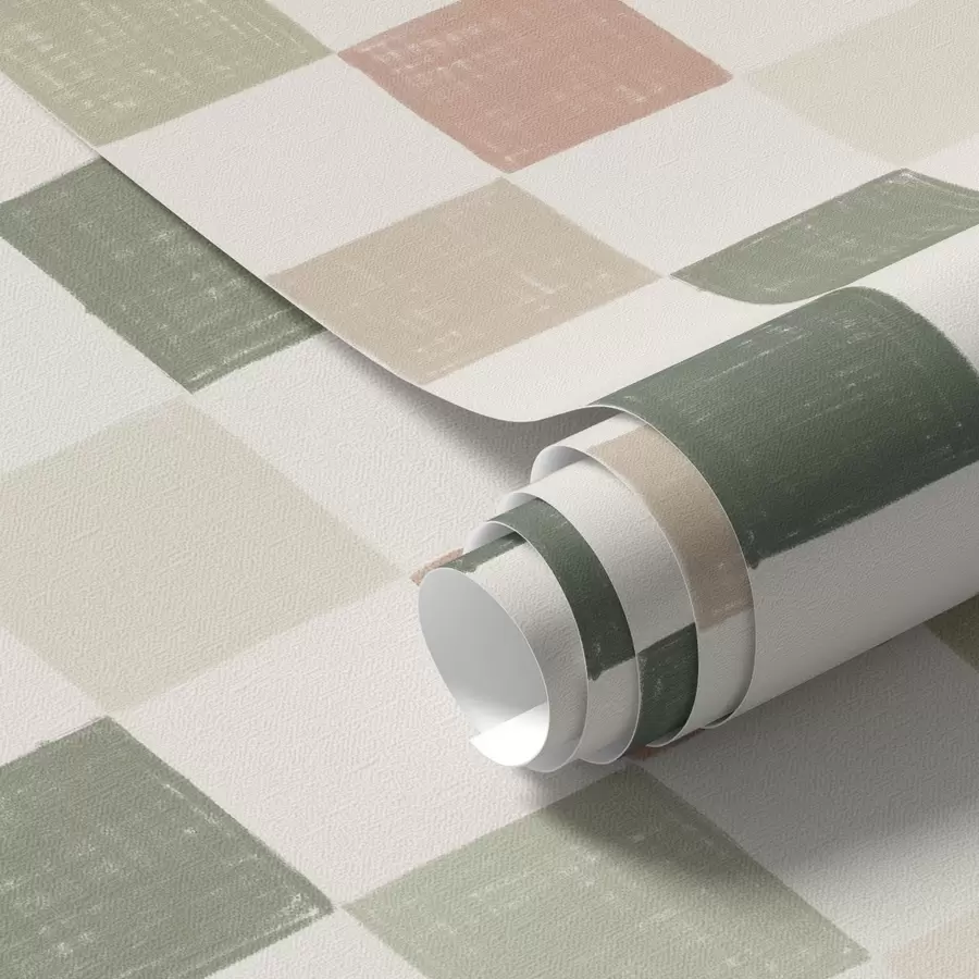 murales de pared Suave manta a cuadros en tonos verde pastel, rosa y beige a00676