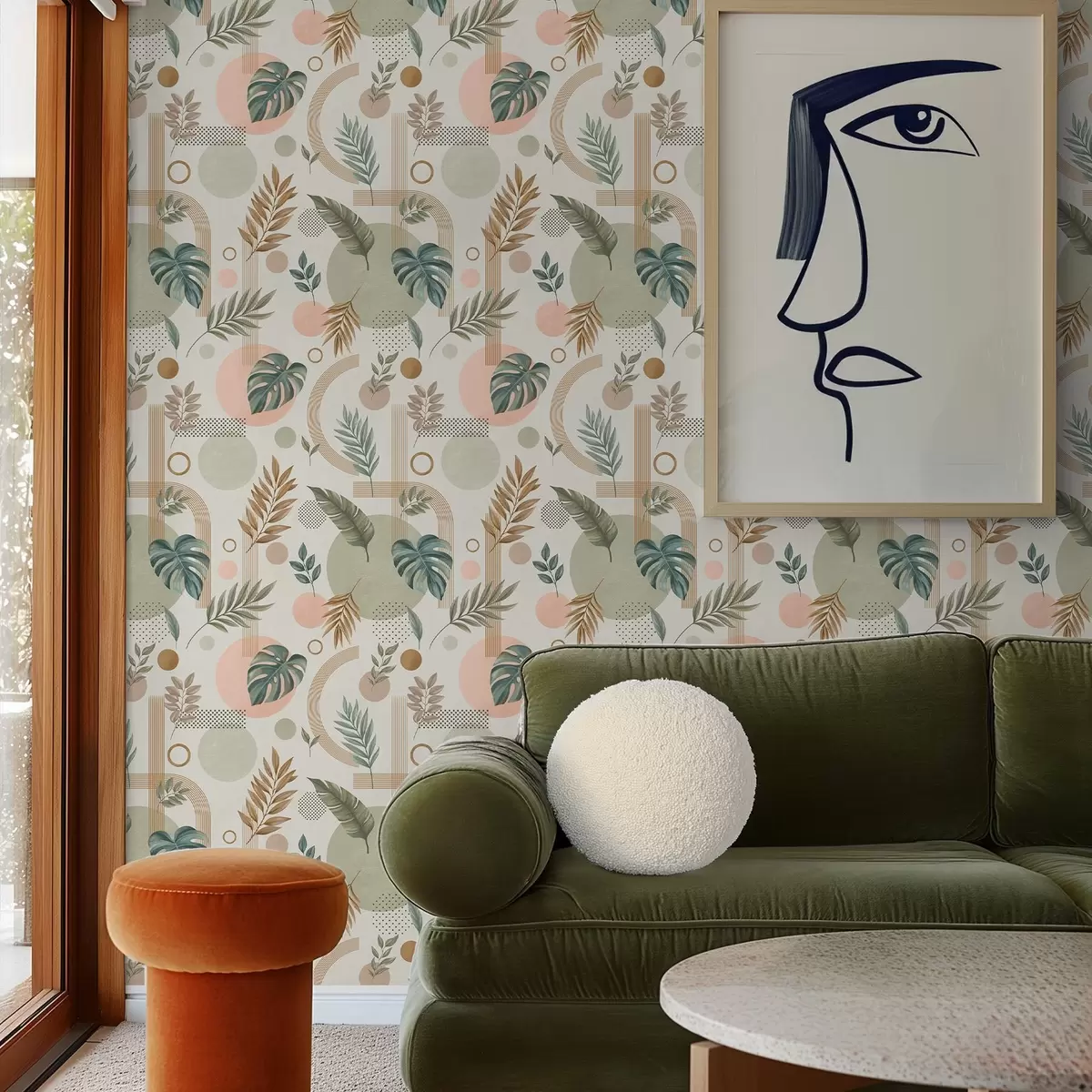 Papel pintado Hojas y formas geométricas en tonos cálidos y tranquilos a00677