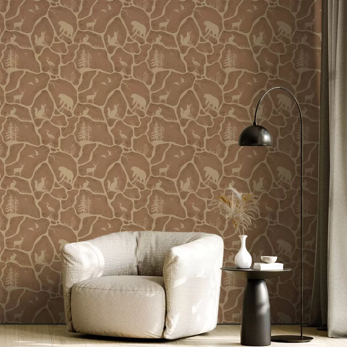 Papel pintado Siluetas de animales y árboles en un paisaje natural con textura de piedra a00727