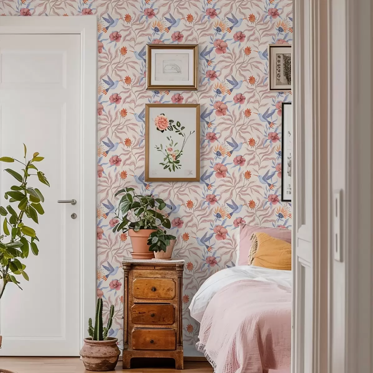 Papel pintado Colibríes entre grandes flores en tonos rosados y azules a00733