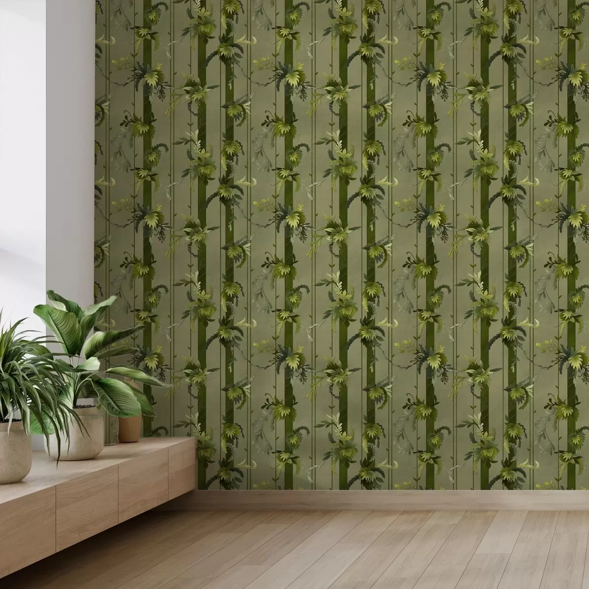 Papel pintado Hojas y racimos de vid en tonos acuarela verde claro a00807