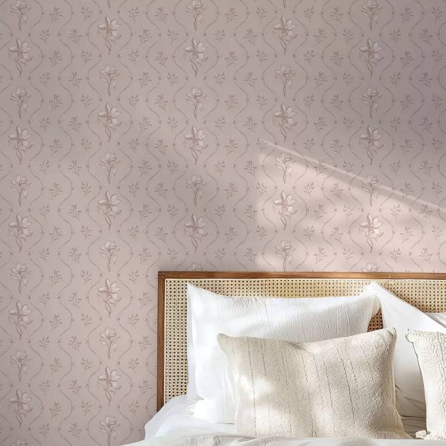 murales de pared Pequeñas flores y cintas en suaves tonos rosa y beige a00808