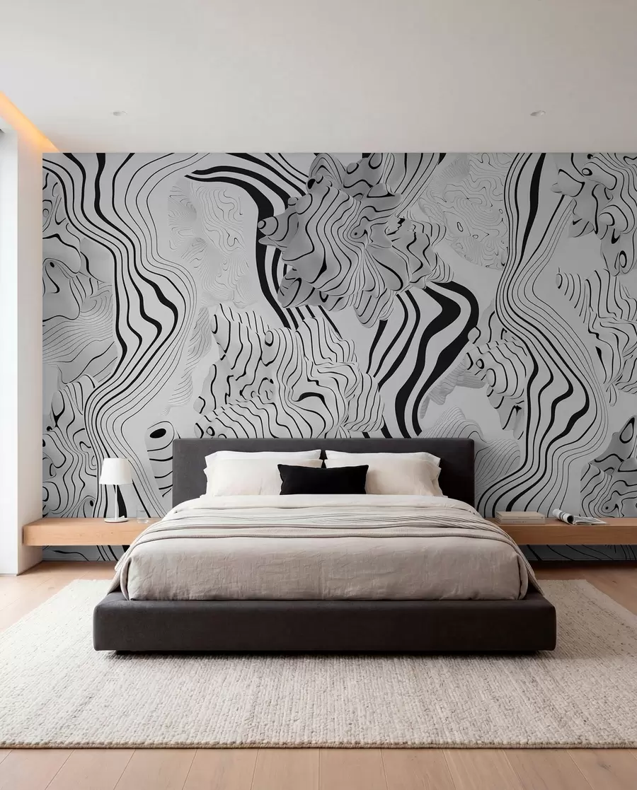 murales de pared formas orgánicas abstractas en estilo 3D en tonos blancos y grises con rayas negras w04627