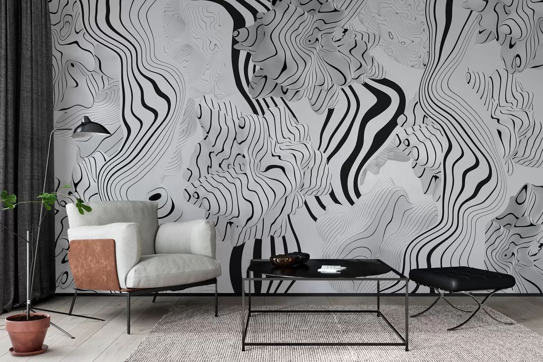 murales de pared formas orgánicas abstractas en estilo 3D en tonos blancos y grises con rayas negras w04627