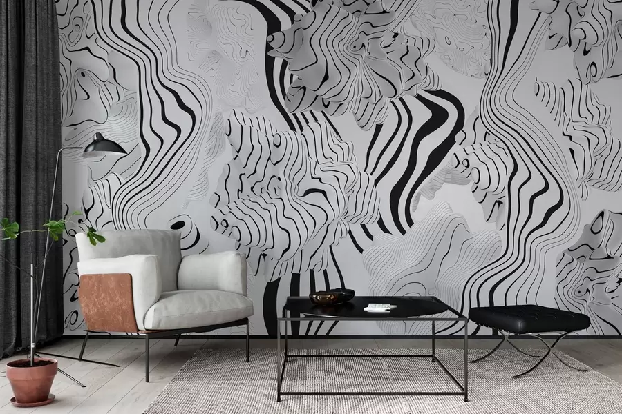 Murales de pared formas orgánicas abstractas en estilo 3D en tonos blancos y grises con rayas negras w04627 murales de pared formas orgánicas abstractas en estilo 3D en tonos blancos y grises con rayas negras w04627