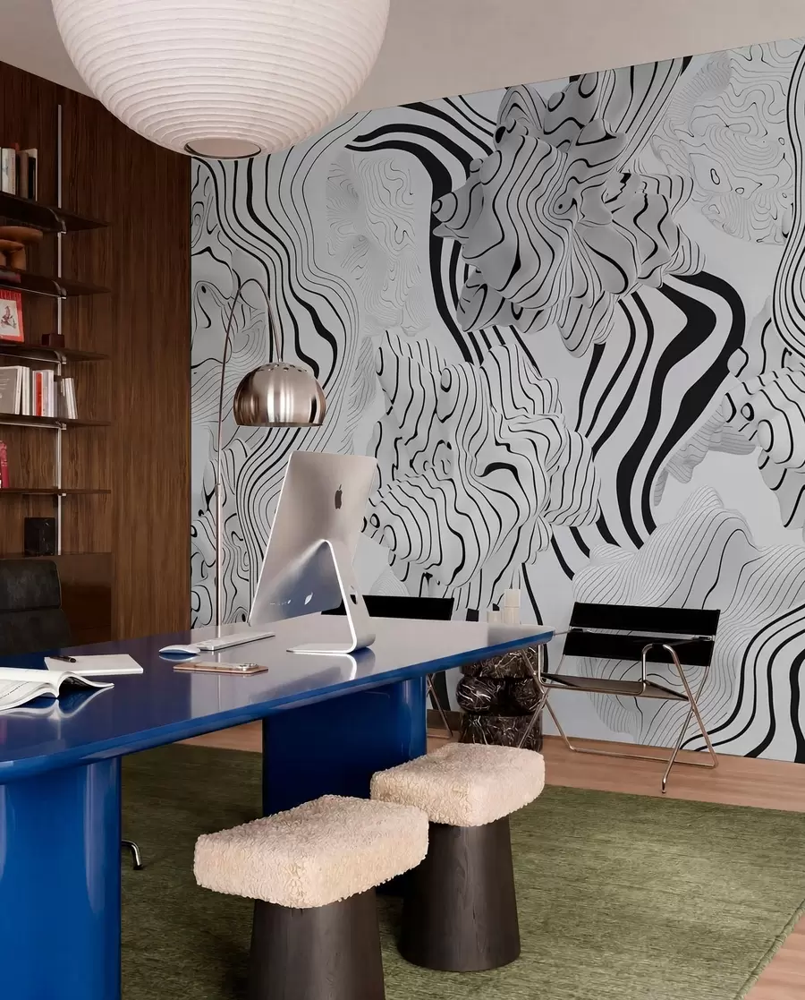 murales de pared formas orgánicas abstractas en estilo 3D en tonos blancos y grises con rayas negras w04627