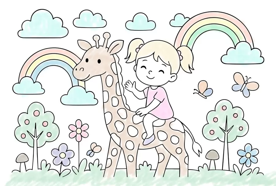 murales de pared niña sobre una jirafa al estilo de un libro para colorear infantil w04755