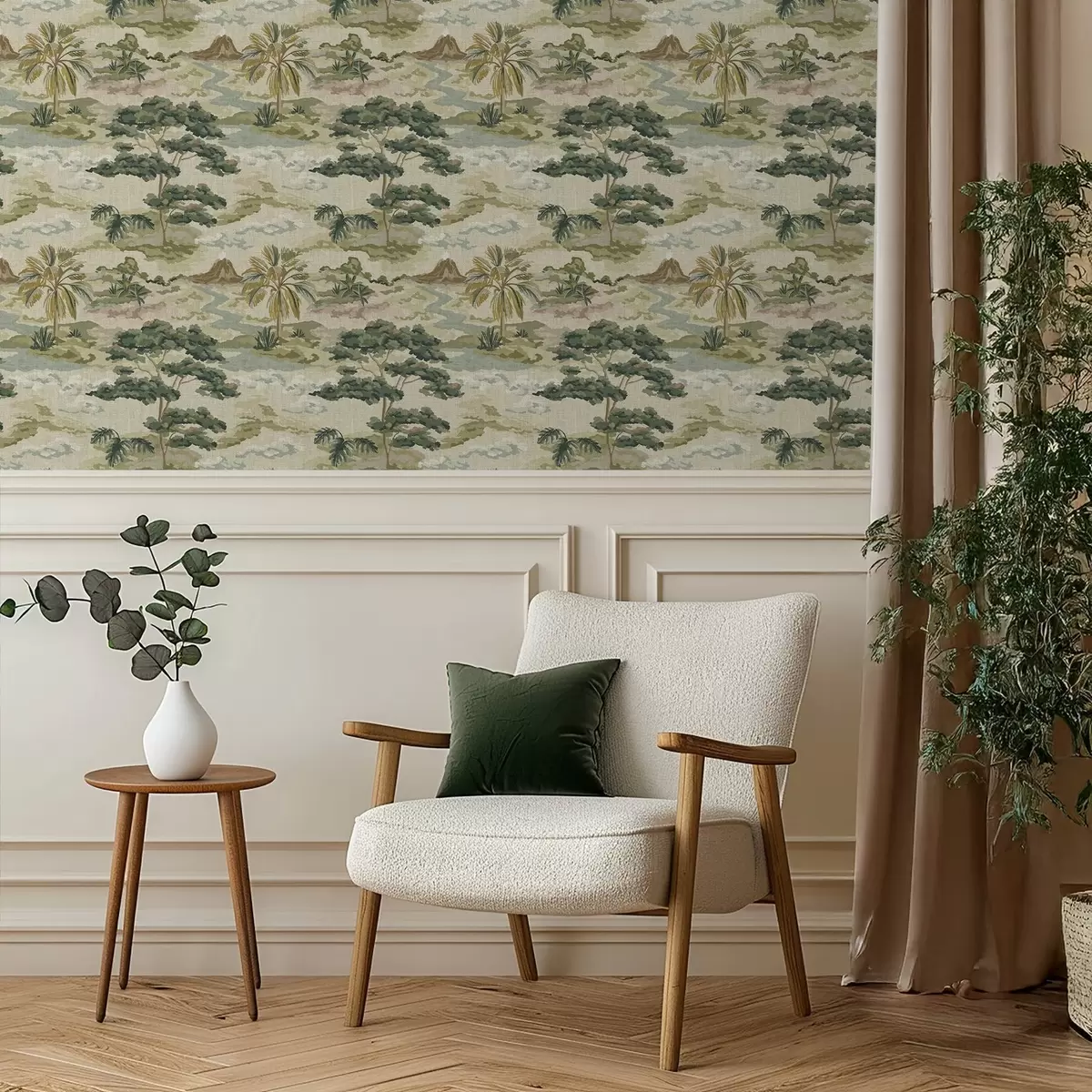 Papel pintado Paisaje con río, árboles y palmeras en tonos suaves a00736