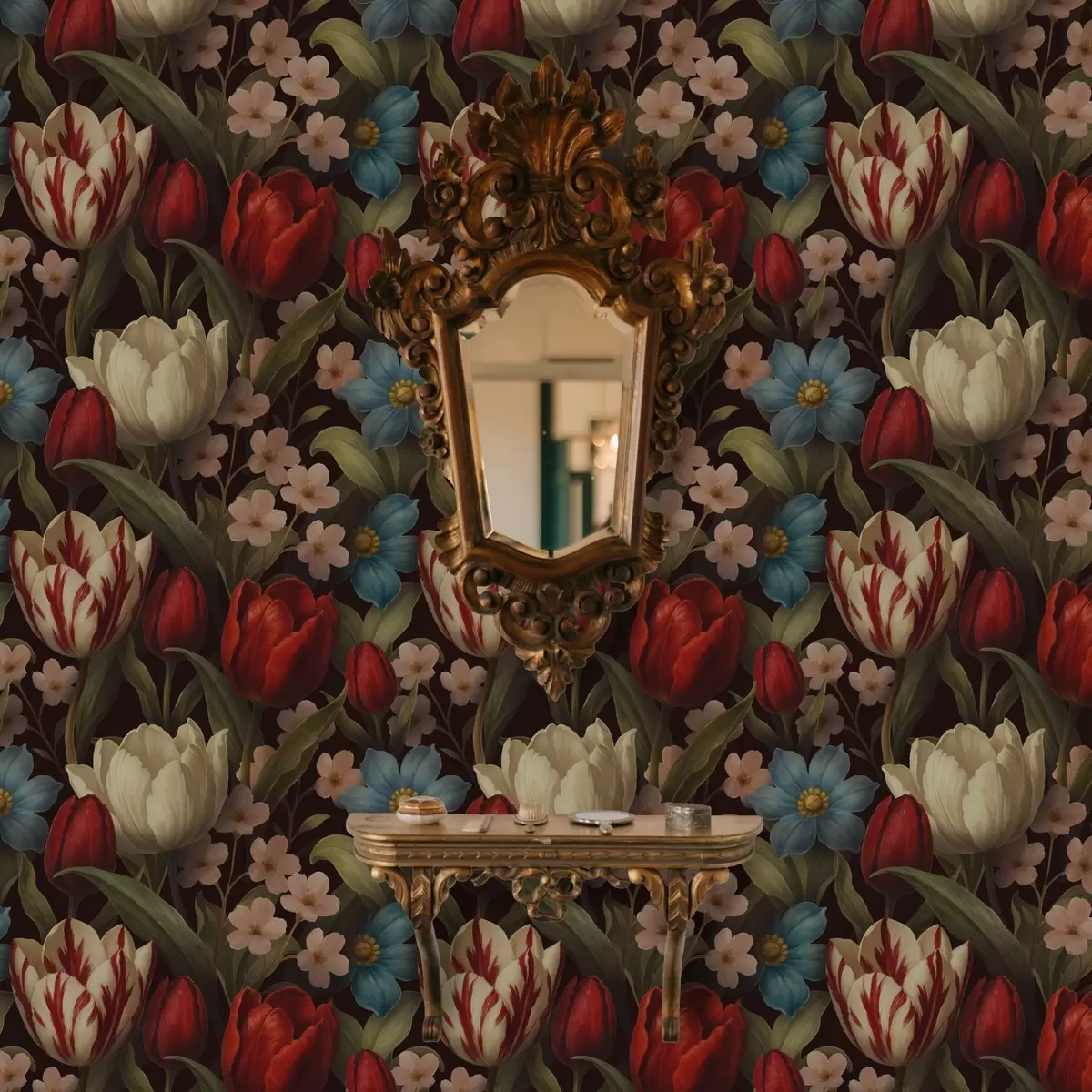 Papel pintado Tulipanes brillantes y flores azules sobre fondo oscuro a00746