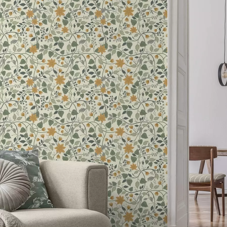 murales de pared Ramas trepadoras con flores amarillas y bayas a00750