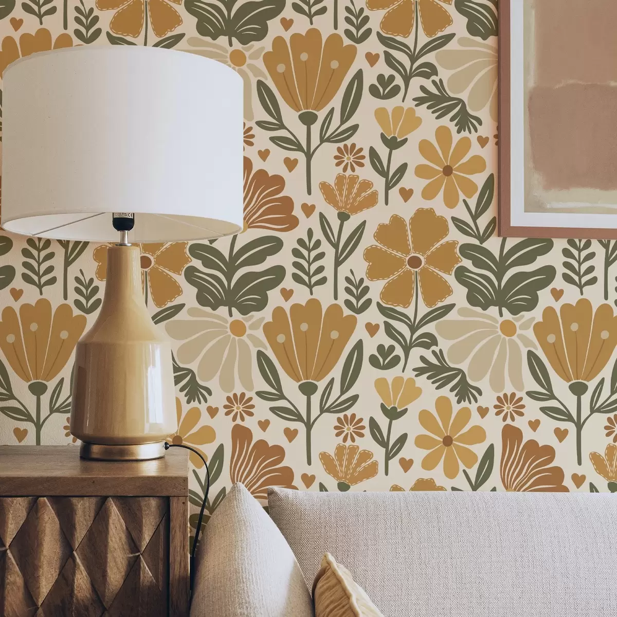 Papel pintado Flores estilizadas en tonos cálidos con corazones a00752