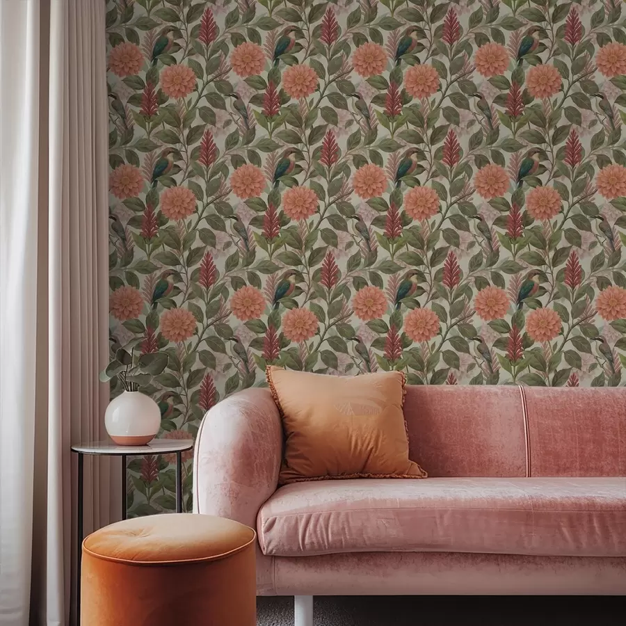 murales de pared Pájaros entre flores y hojas en tonos cálidos a00753