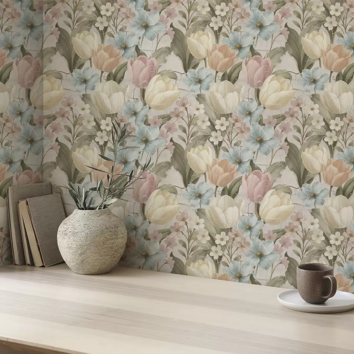 Papel pintado Tulipanes y flores en tonos pastel sobre un fondo claro agrietado a00756