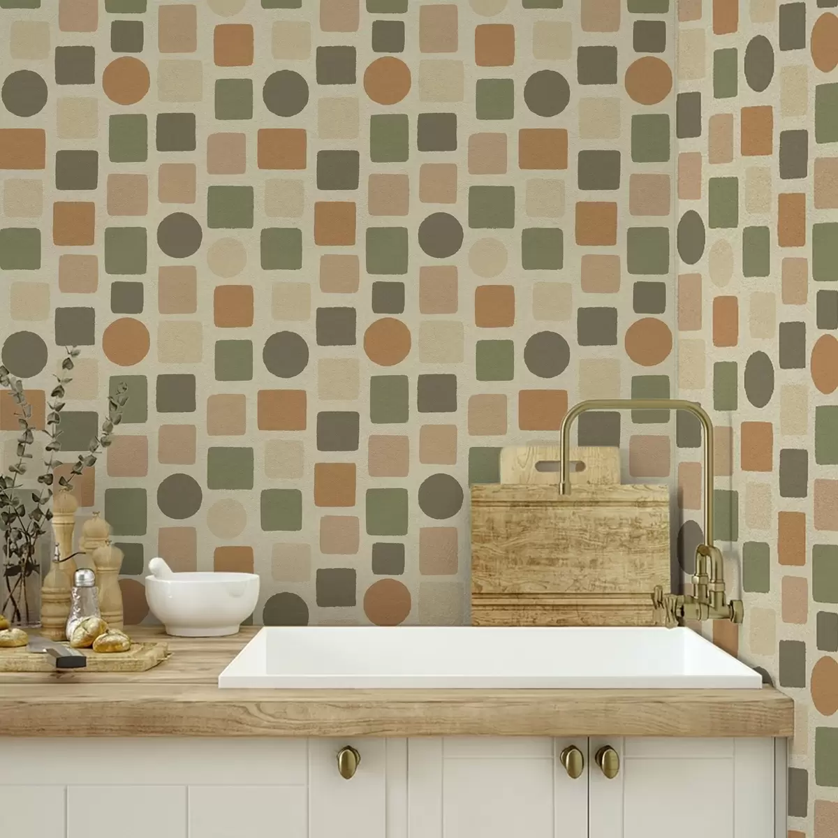 Papel pintado Patrón geométrico de cuadrados y círculos en tonos cálidos a00759
