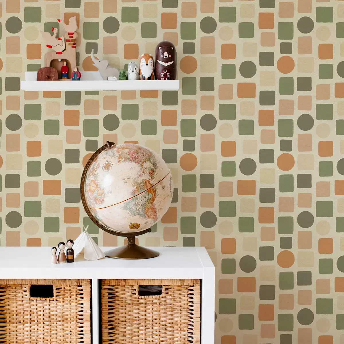 Papel pintado Patrón geométrico de cuadrados y círculos en tonos cálidos a00759