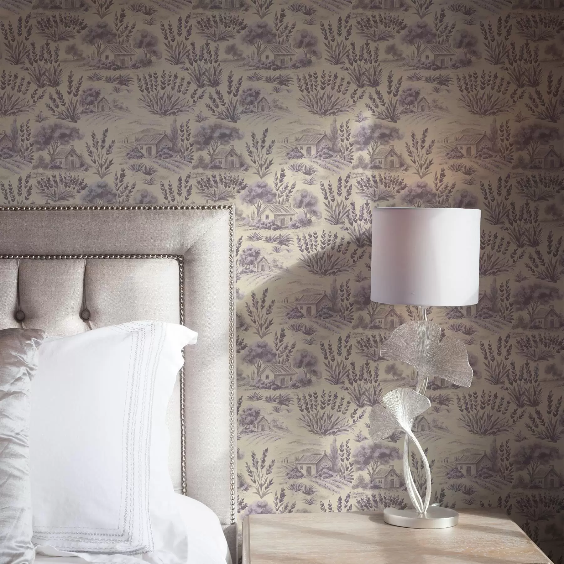 murales de pared Campos de lavanda y casas en tonos pastel a00765