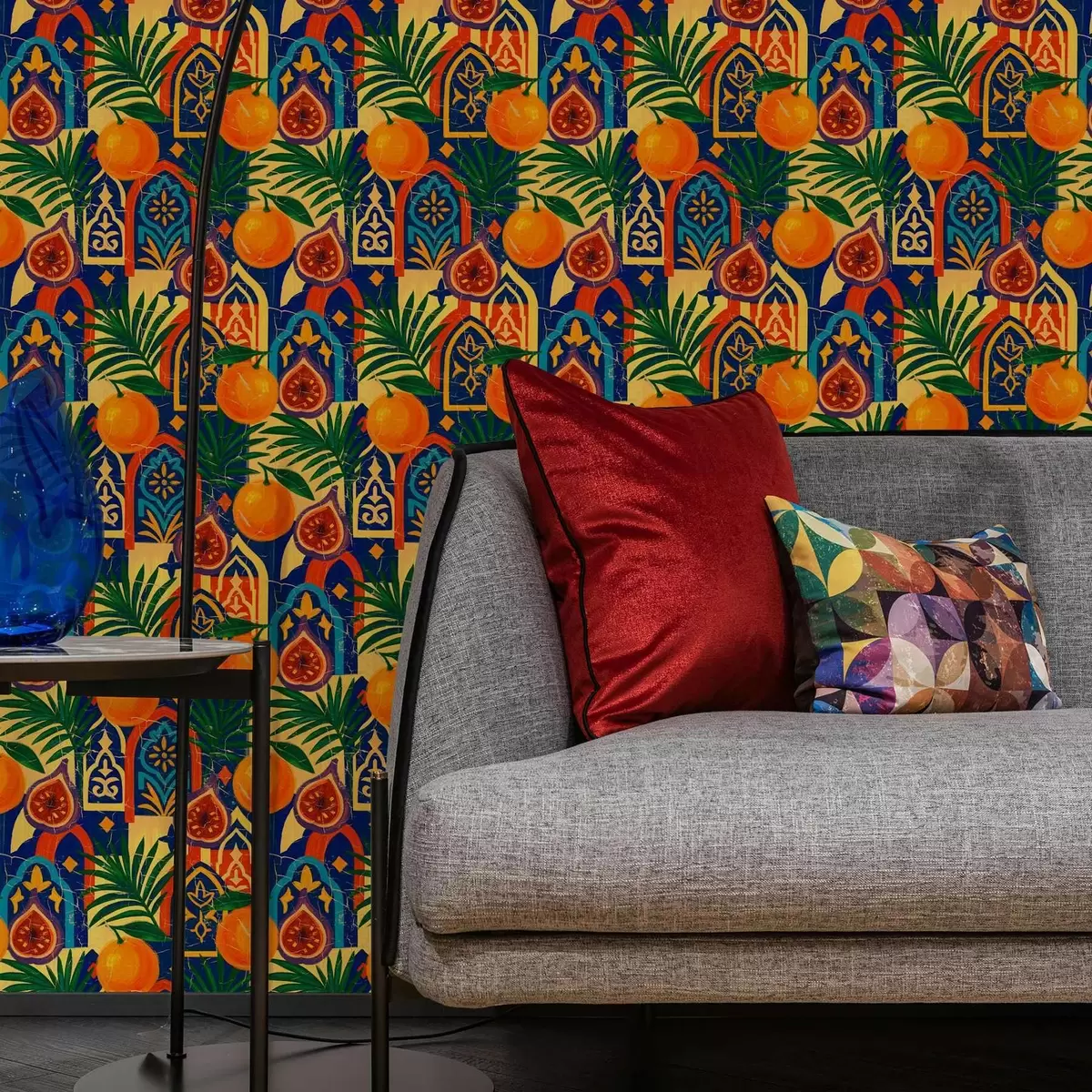 Papel pintado Naranjas brillantes, hojas de palmera y arcos marroquíes a00767