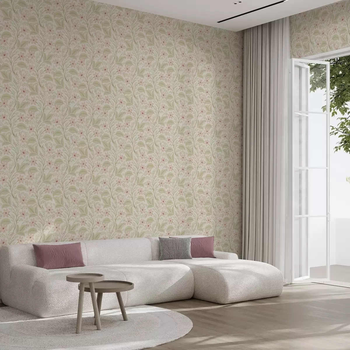 Papel pintado Delicadas flores y hojas en tonos pastel a00771