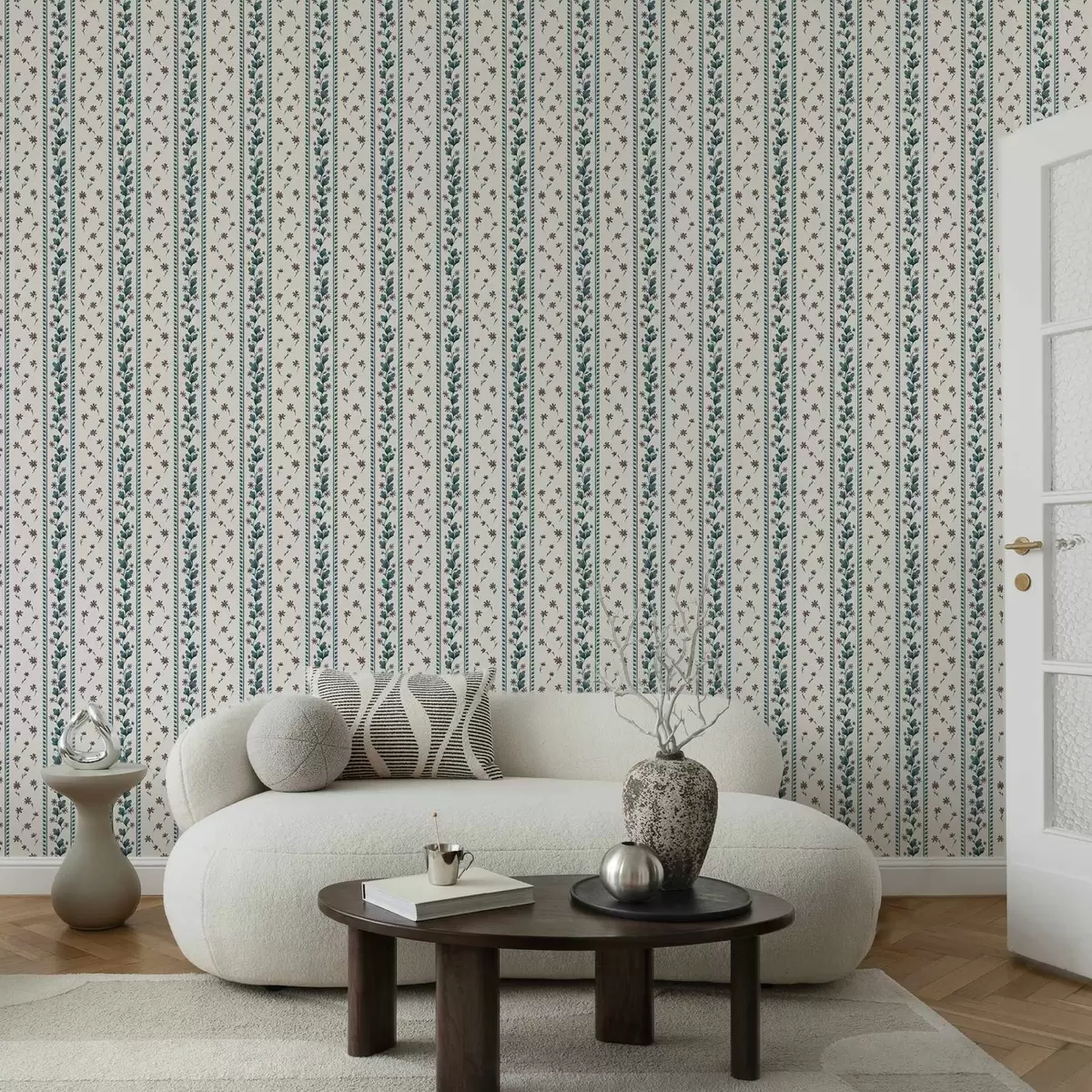 Papel pintado Rayas florales verticales en tonos azul y marrón a00811