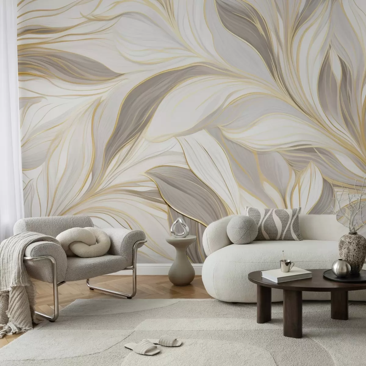 murales de pared Hojas con curvas suaves en tonos beige claro y grisáceos w04609