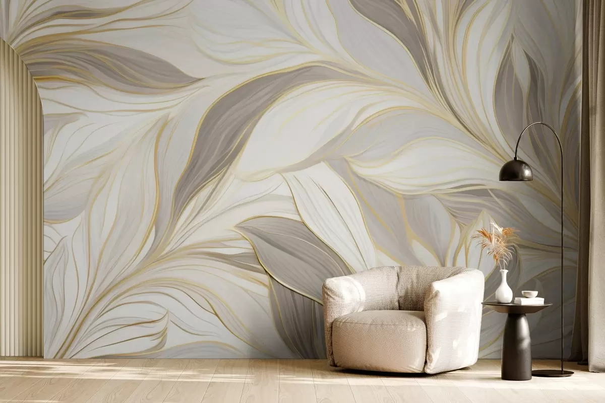 murales de pared Hojas con curvas suaves en tonos beige claro y grisáceos w04609