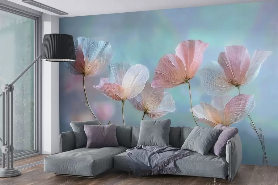 Murales de pared Pétalos transparentes en tonos rosa pastel y azul w04621 murales de pared Pétalos transparentes en tonos rosa pastel y azul w04621