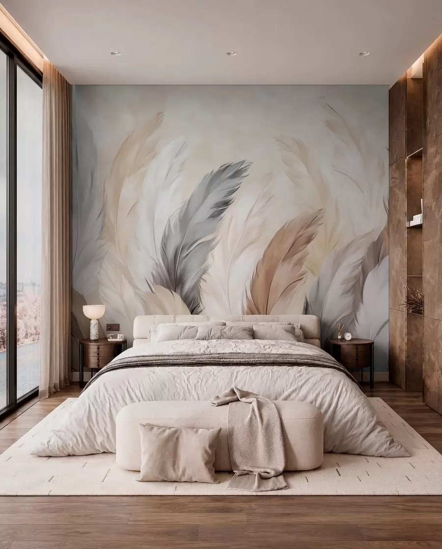 murales de pared Plumas suaves y esponjosas en una cálida paleta de colores neutros w04736