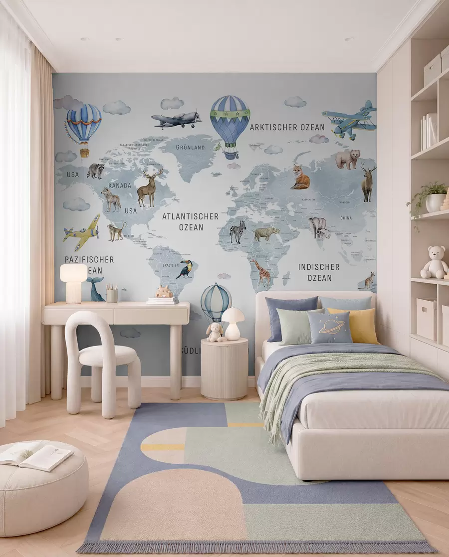 murales de pared Mapa de estilo acuarela para niños con animales y globos aerostáticos. Idioma alemán. Color azul. c00001dev1