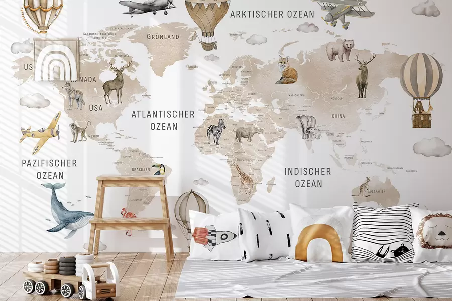 murales de pared Mapa de estilo acuarela para niños con animales y globos aerostáticos. Idioma alemán. Color beige. c00001dev2