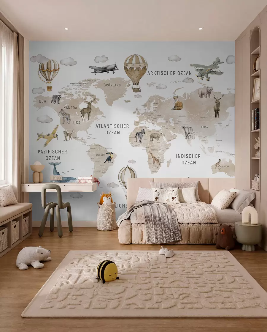 murales de pared Mapa de estilo acuarela para niños con animales y globos aerostáticos. Idioma alemán. Color beige. c00001dev2
